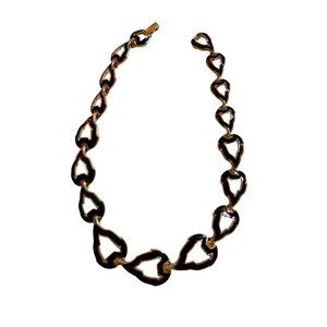 Trafari Vintage Leaf Pattern Gold Tone Black Enamel Statement Necklace 17.5"